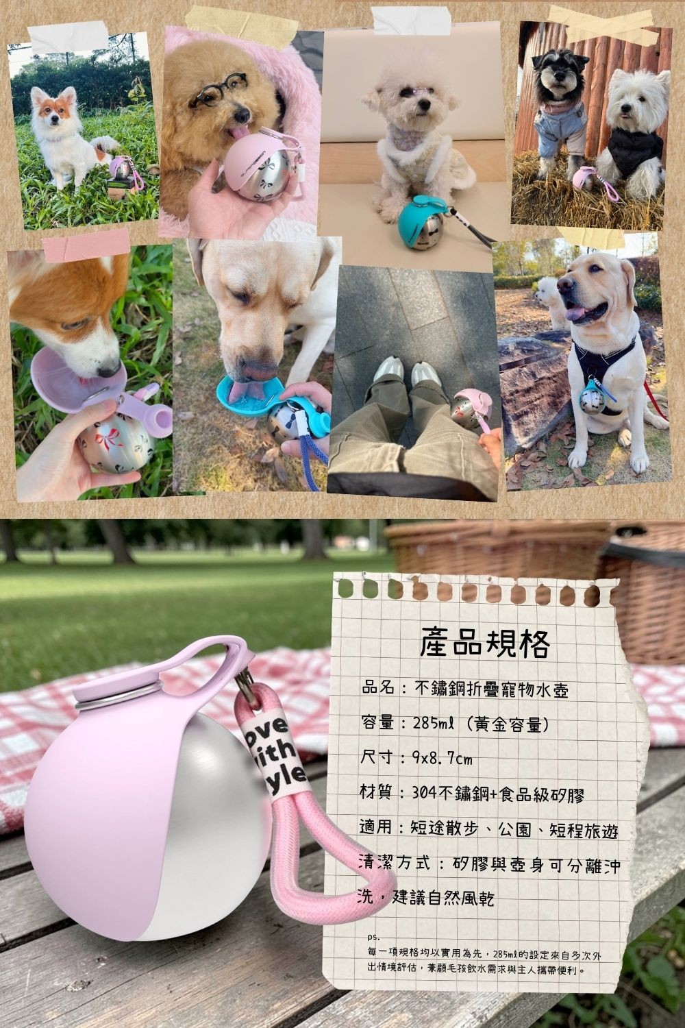 不鏽鋼矽膠折疊寵物水壺